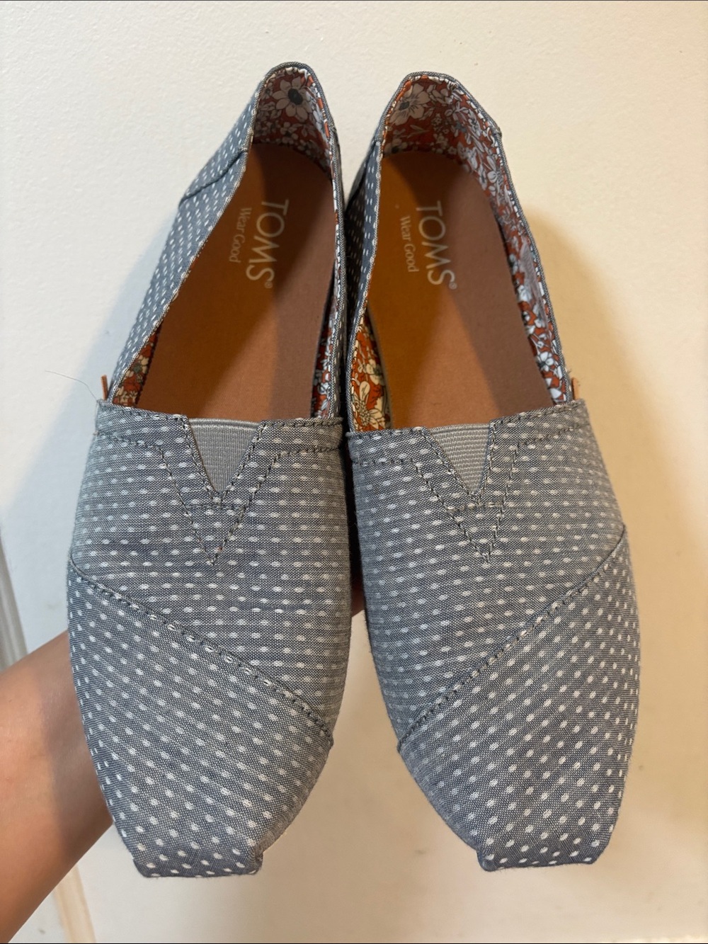 Toms Gray Polka Dot Canvas Slip-Ons with Floral Lining